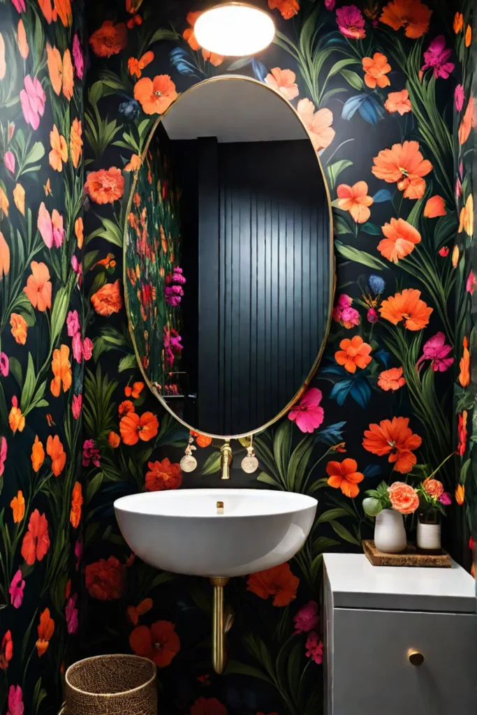 Small bathroom bold botanical wallpaper dark background vibrant flowers
