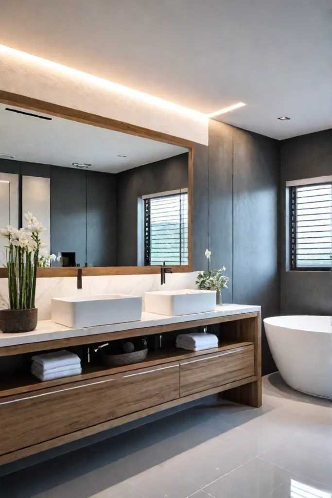 Small bathroom with freestanding tub and wooden accents