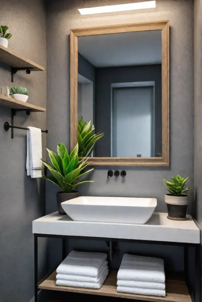 Small bathroom with open shelving and minimalist decor