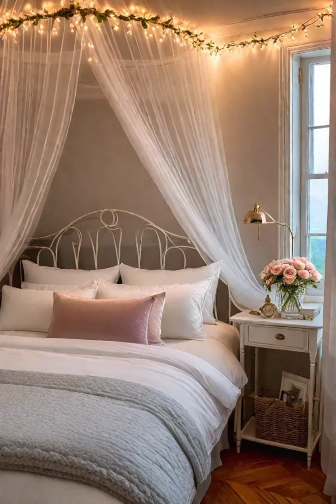 Small bedroom with dreamy ambiance and vintage furniture