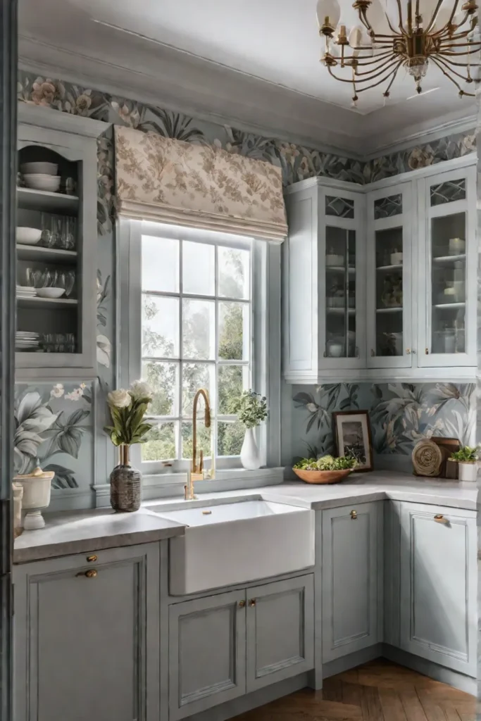 Small kitchen with pastelcolored floral wallpaper