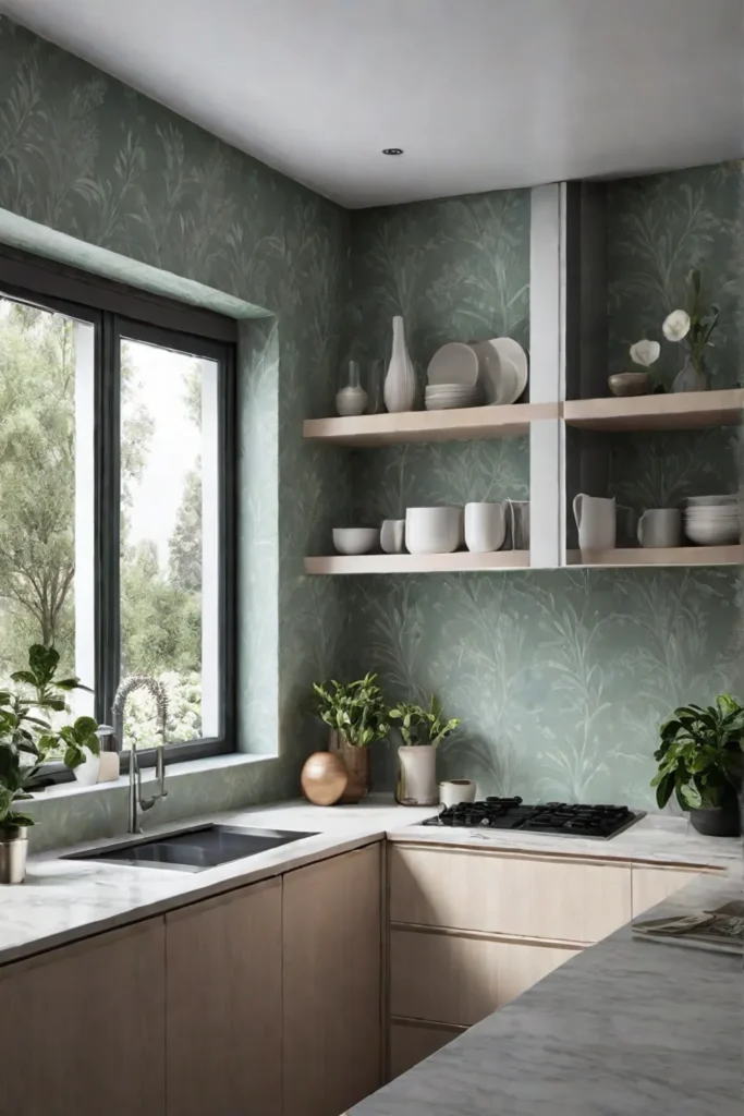 Small kitchen with textured wallpaper and a garden view