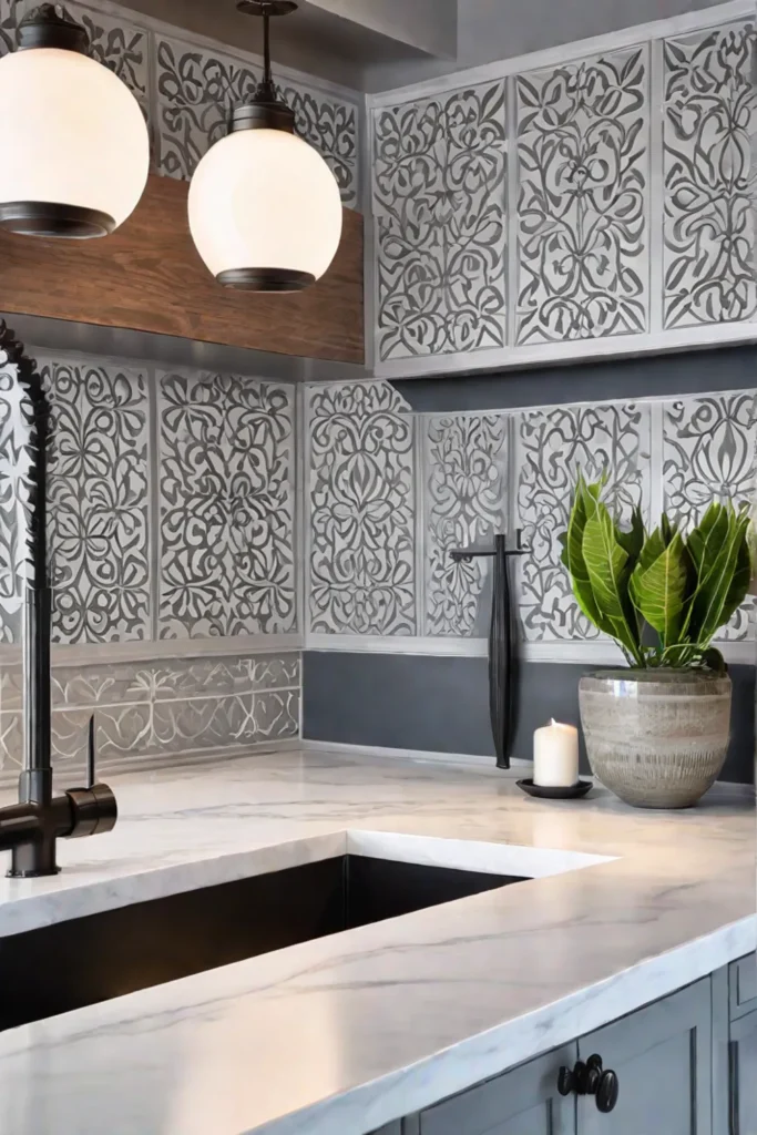Stenciled floral pattern on a kitchen accent wall