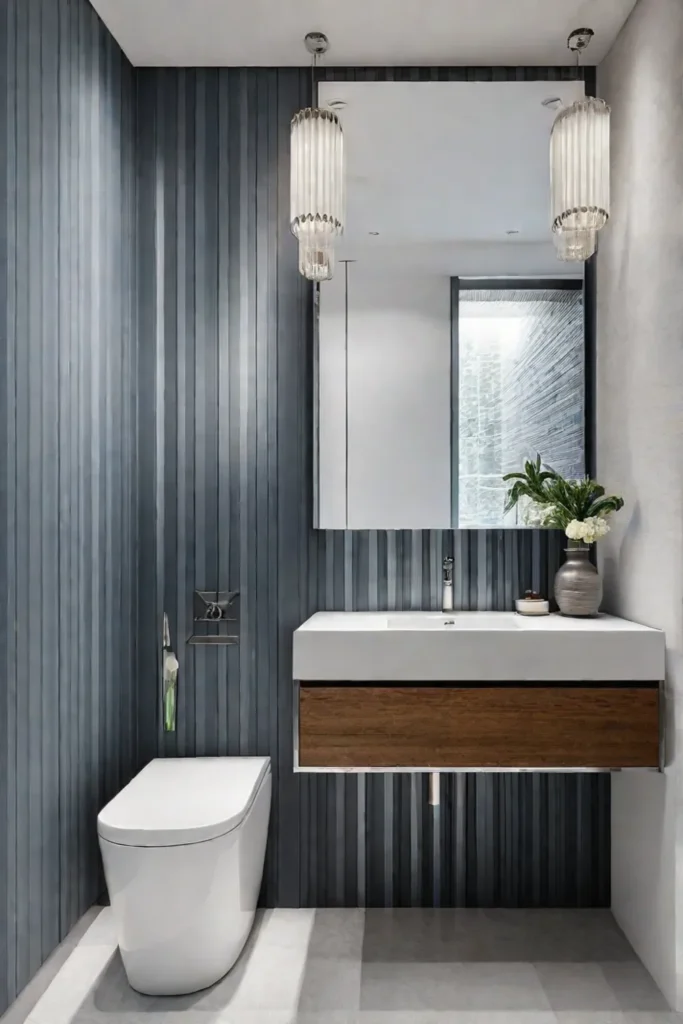 Striped wallpaper narrow bathroom spacious