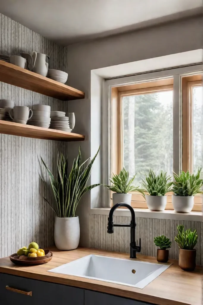 Subtle vertical texture wallpaper in a small lightfilled kitchen