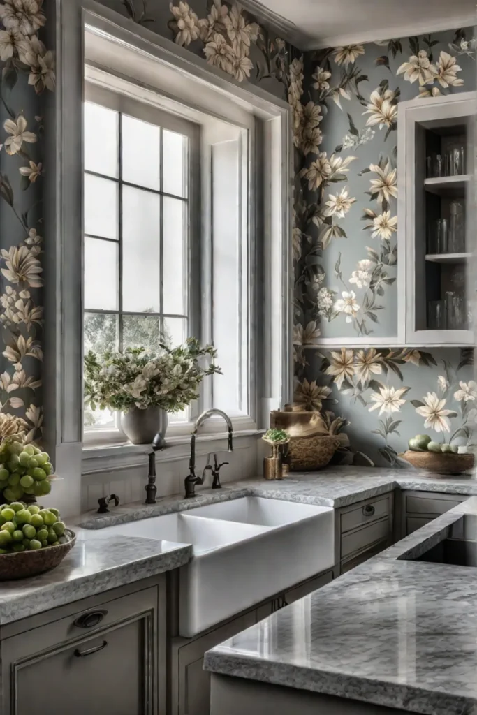 Sunlight illuminating a kitchen with floral wallpaper