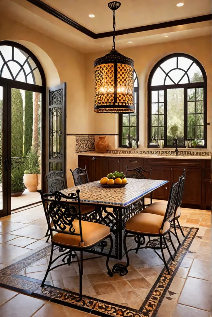 Tiled kitchen table with wrought iron chairs and warm lighting