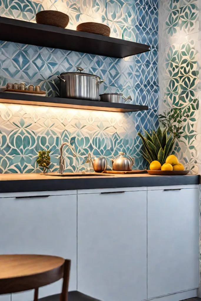Tilepatterned washable wallpaper in a Mediterranean kitchen
