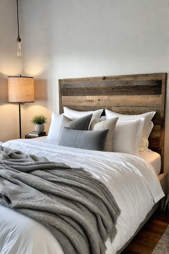 Tiny bedroom with DIY salvaged wood headboard