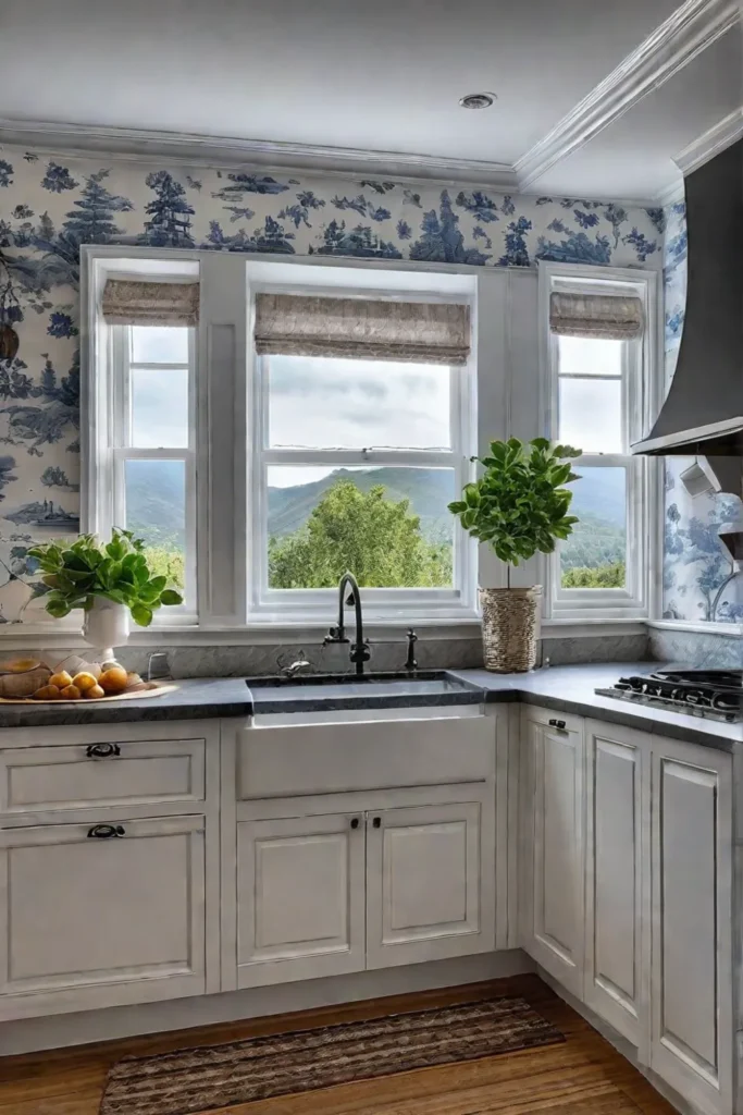 Toile wallpaper in a cottage kitchen