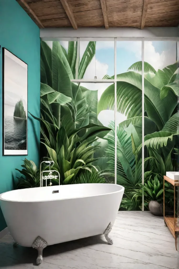 Tropical bathroom vibrant wallpaper spalike