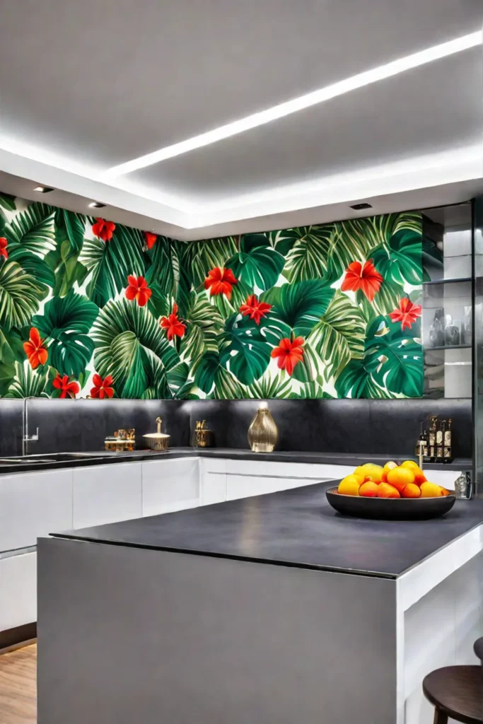 Tropical print wallpaper on a kitchen island