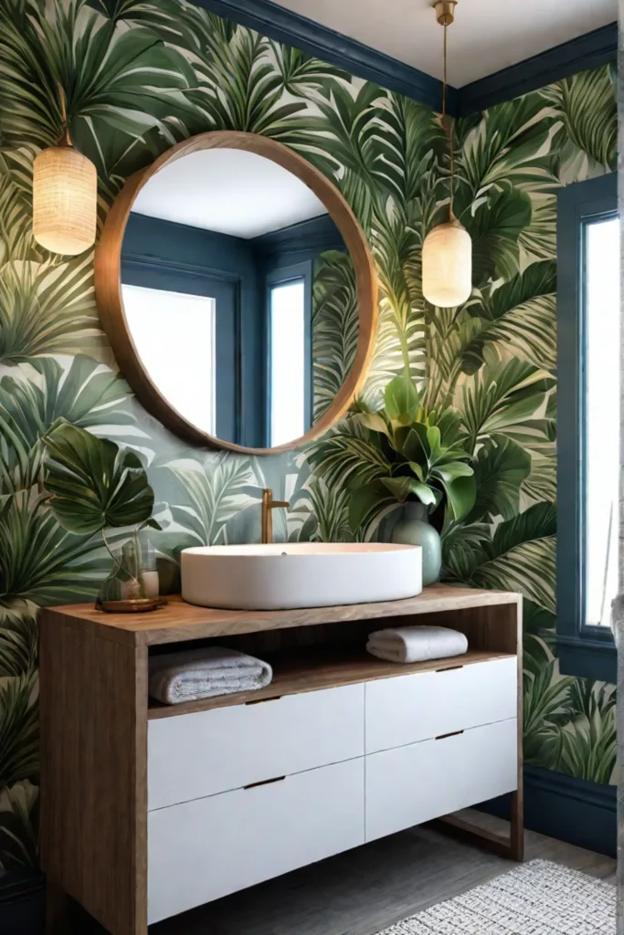 Tropical wallpaper vanity wall charming bathroom