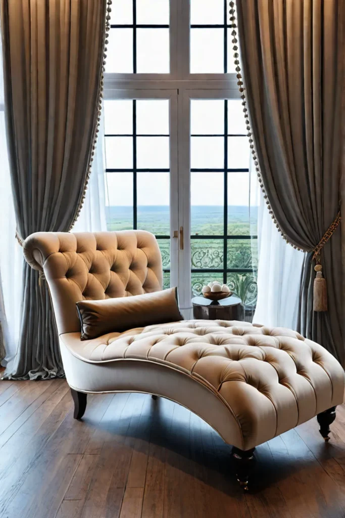 Tufted chaise lounge by a window with flowing curtains