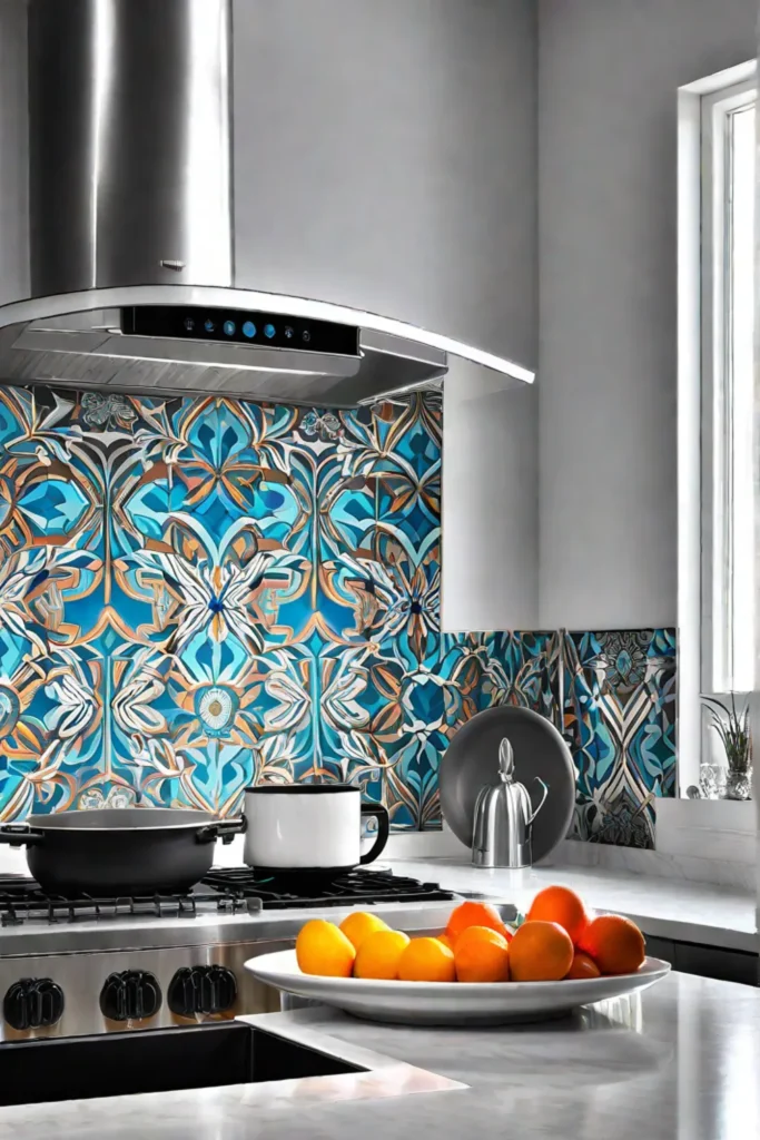 Unique kitchen with a patterned wallpaper backsplash