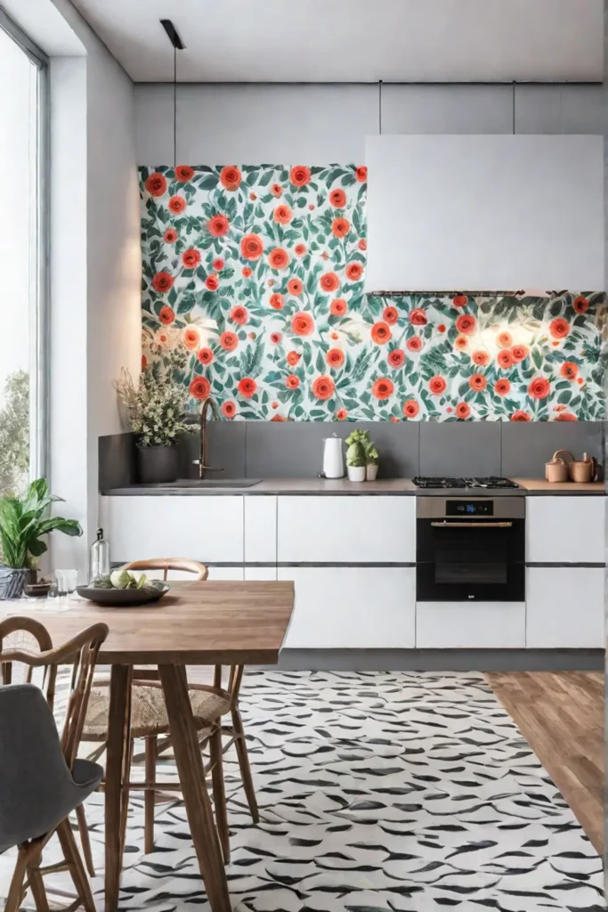 Vinyl floral wallpaper in a bright kitchen