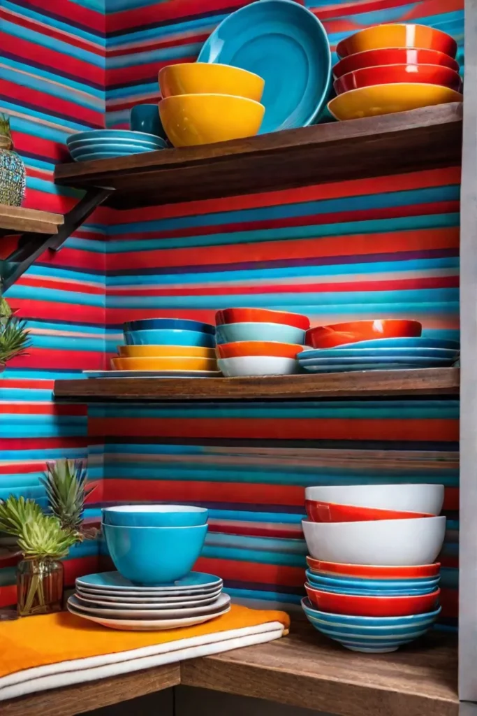 Wallpaper adding visual interest to kitchen shelving