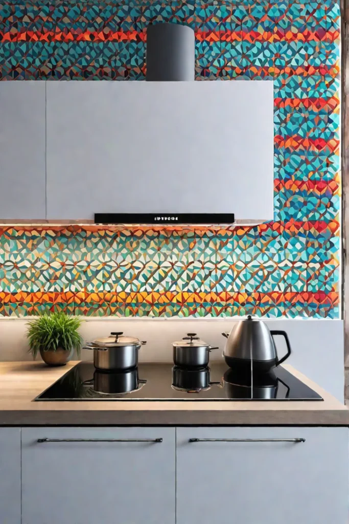 Wallpaper as a backsplash in a kitchen with a colorful pattern
