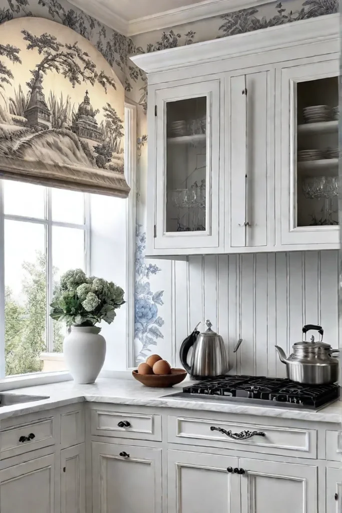Wallpaper enhancing the interior of kitchen cabinets