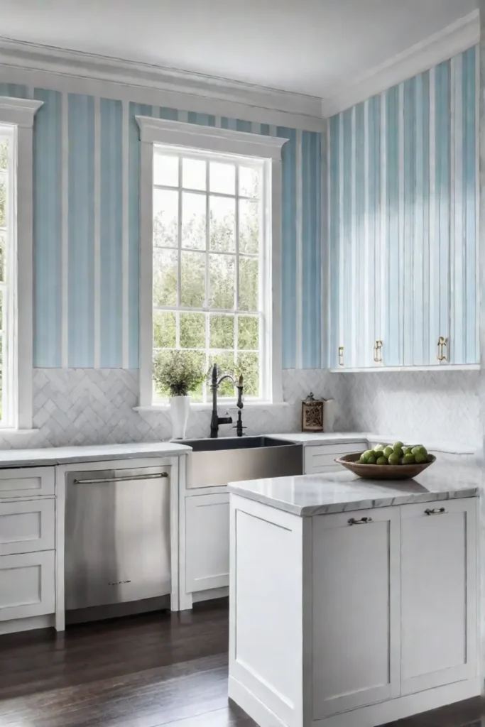 Wallpaper with light blue vertical stripes in a small kitchen
