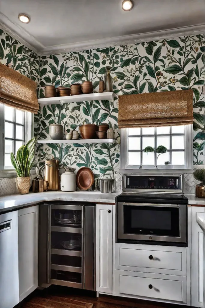 Wallpapered kitchen cabinets
