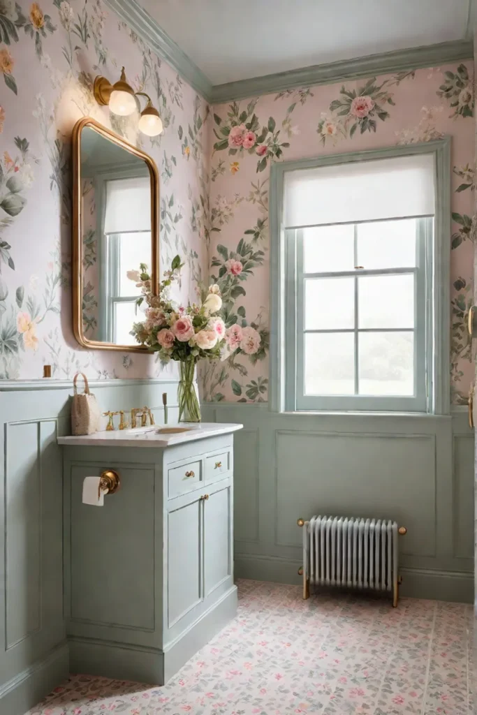 Whimsical powder room pastel floral wallpaper feminine design