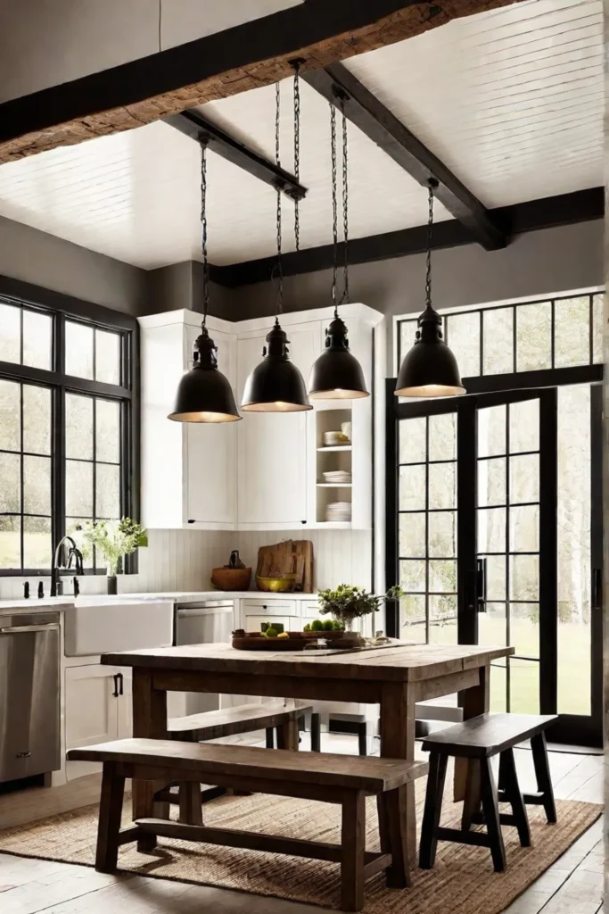 Wooden kitchen table with black metal pendant lighting