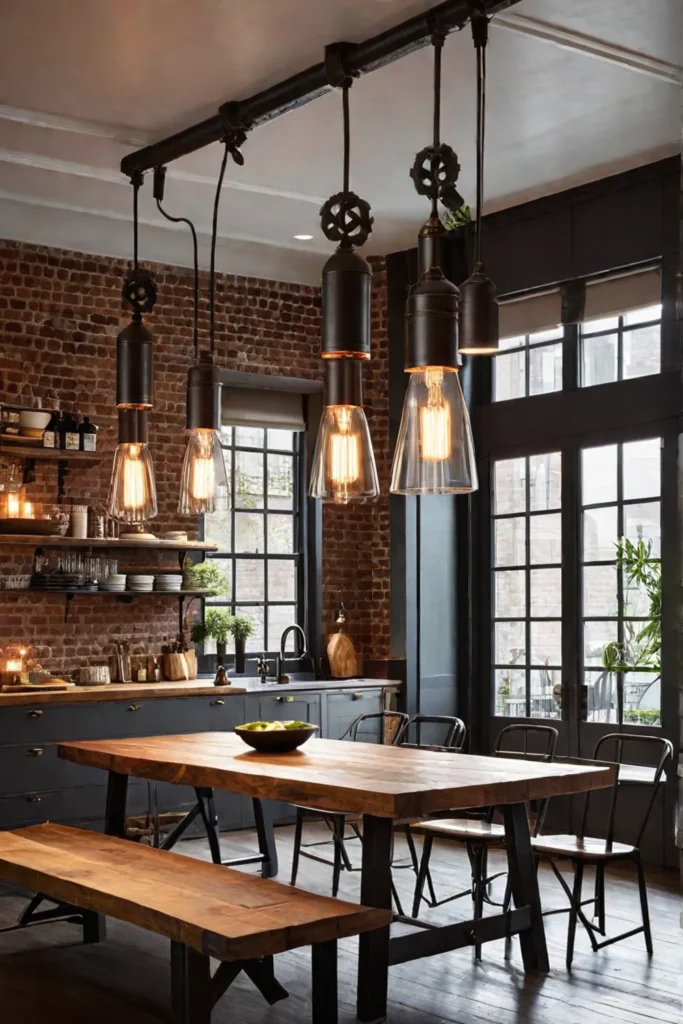 Wooden table with vintagestyle pendant lighting in kitchen