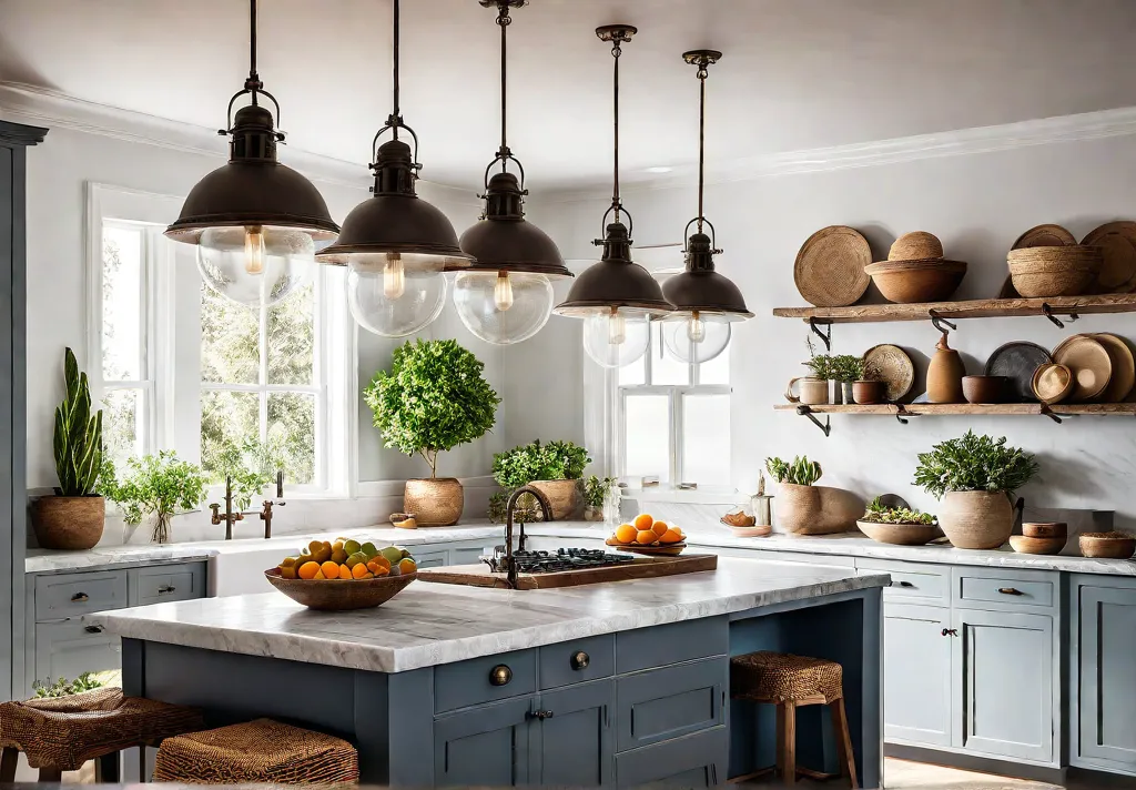 A charming farmhouse kitchen bathed in sunlight featuring a large rustic islandfeat