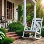A charming farmhouse porch with a weathered rocking chair surrounded by lushfeat