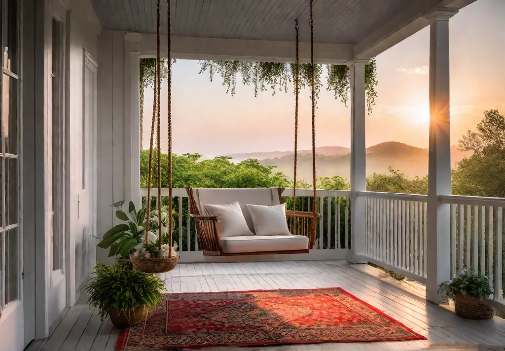 A charming porch with a classic swing bathed in the warm glowfeat
