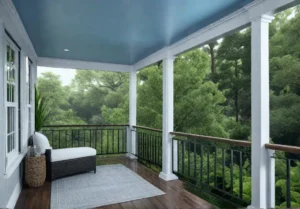 A cozy porch with a light blue ceiling giving the space anfeat