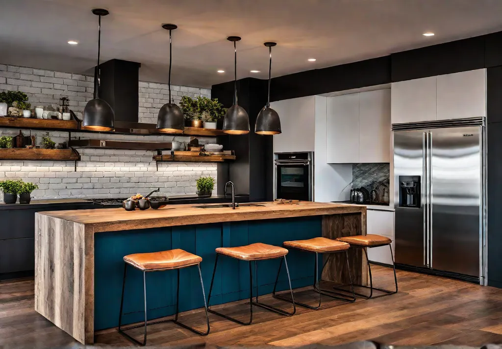 A kitchen island showcasing the fusion of rustic and modern design elementsfeat
