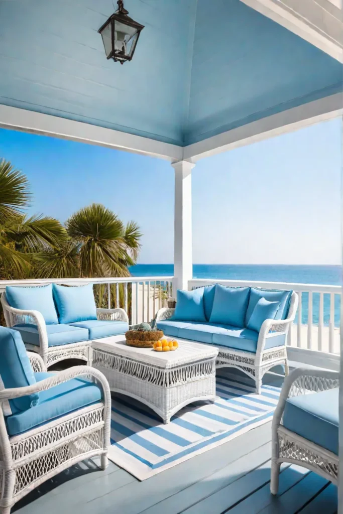Coastal porch with white wicker furniture