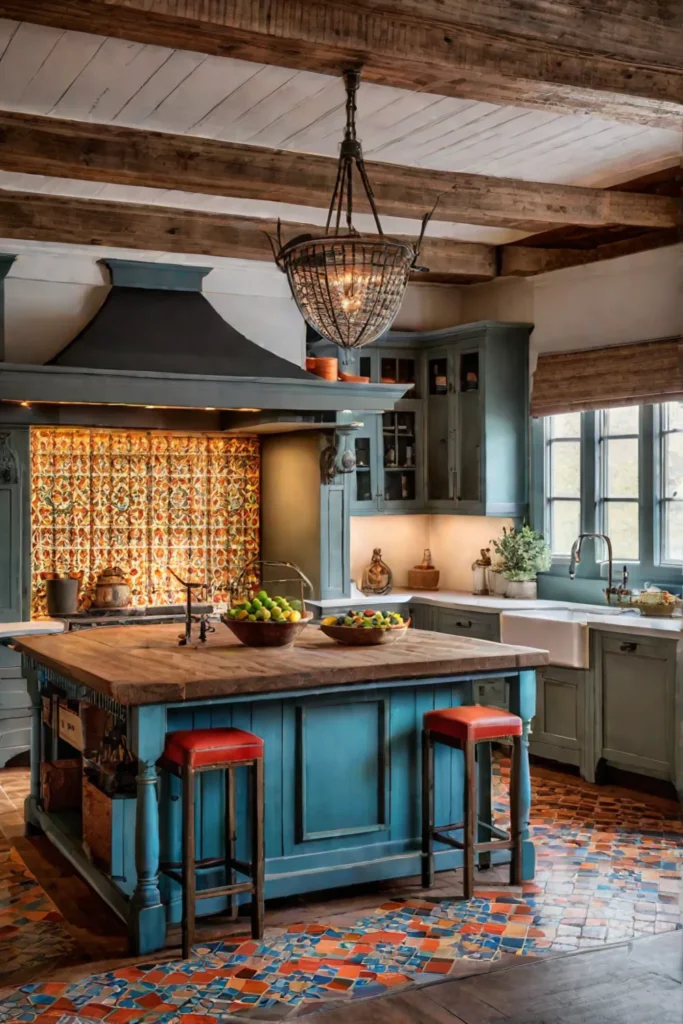 Eclectic kitchen salvaged materials island