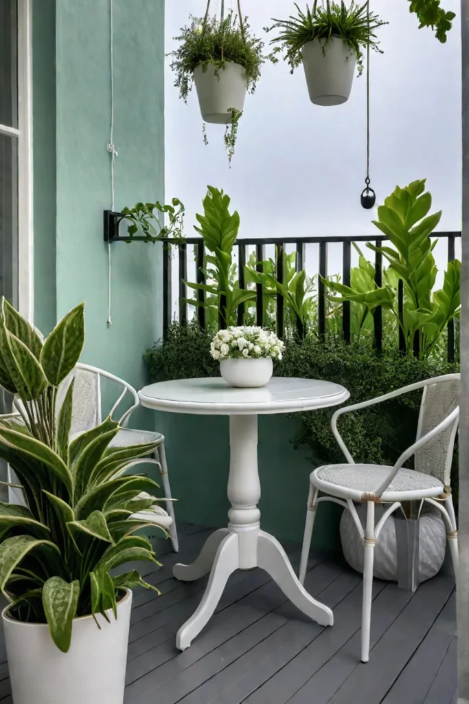 Elegant small porch with hanging plants and serene atmosphere