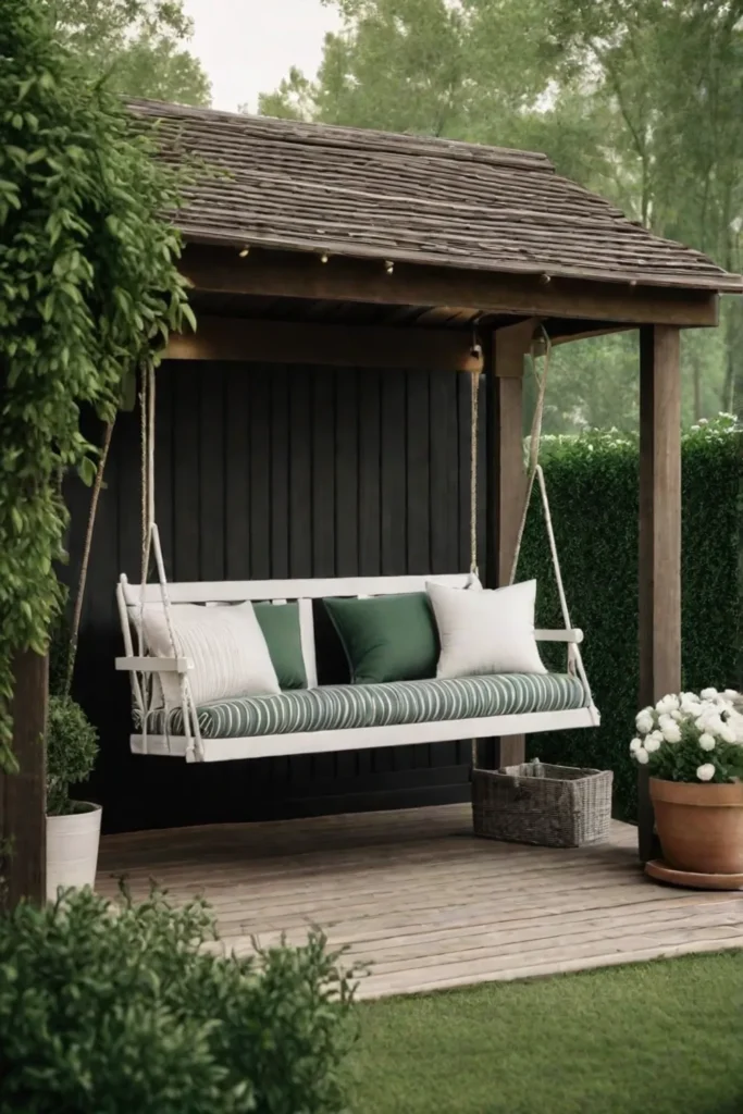 Farmhouse porch swing with floral cushions