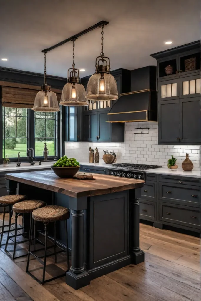 Layered lighting in a rustic kitchen