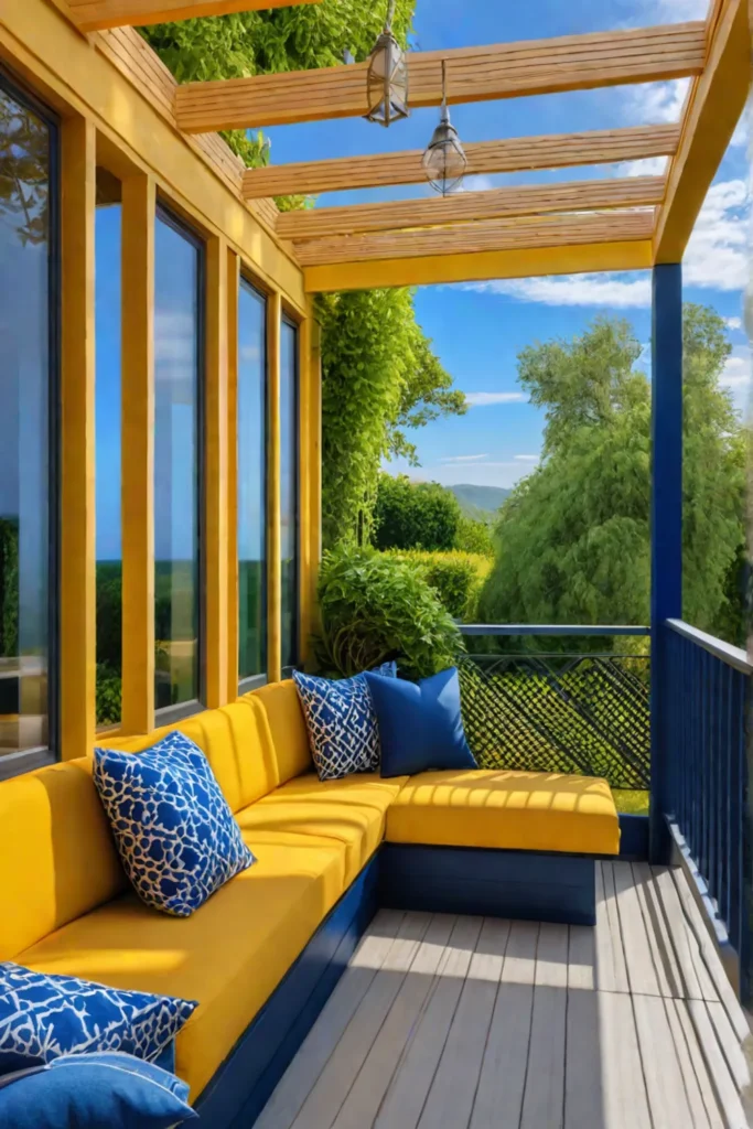 Long narrow porch utilizing color to create separate zones