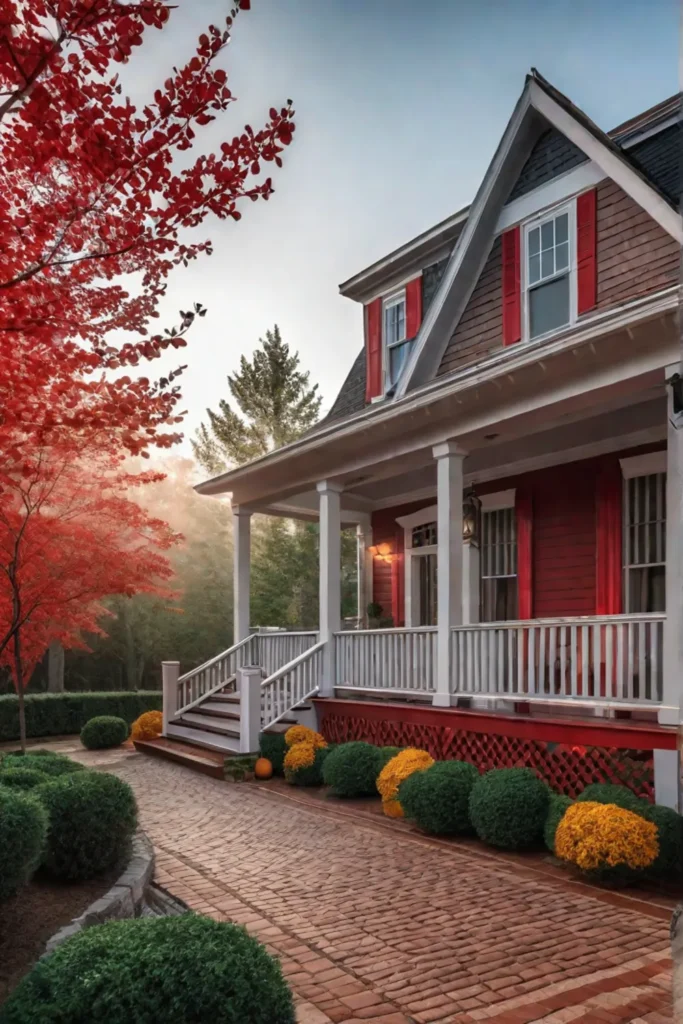 Neutral house with red porch accents