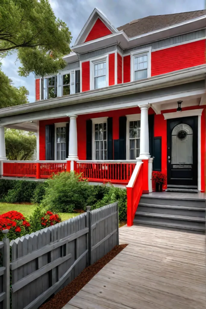 Porch with vibrant red railings