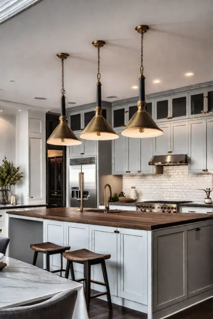 Rustic kitchen with brass pendant lights