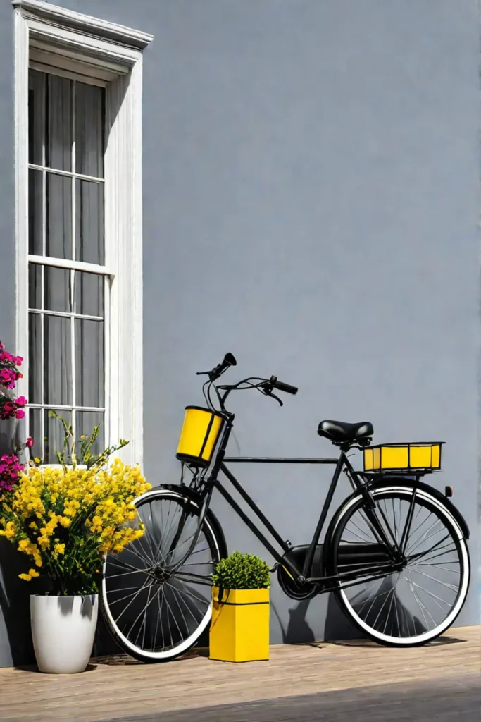 Small porch with a bright yellow accent wall and vintage bicycle