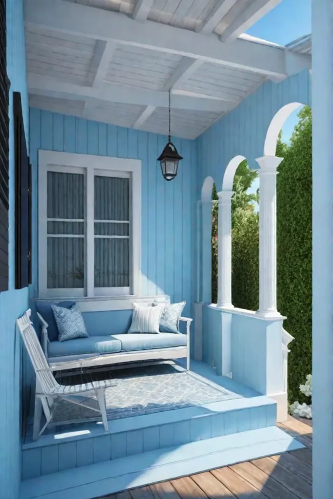 Small porch with a cohesive color scheme connecting it to the interior