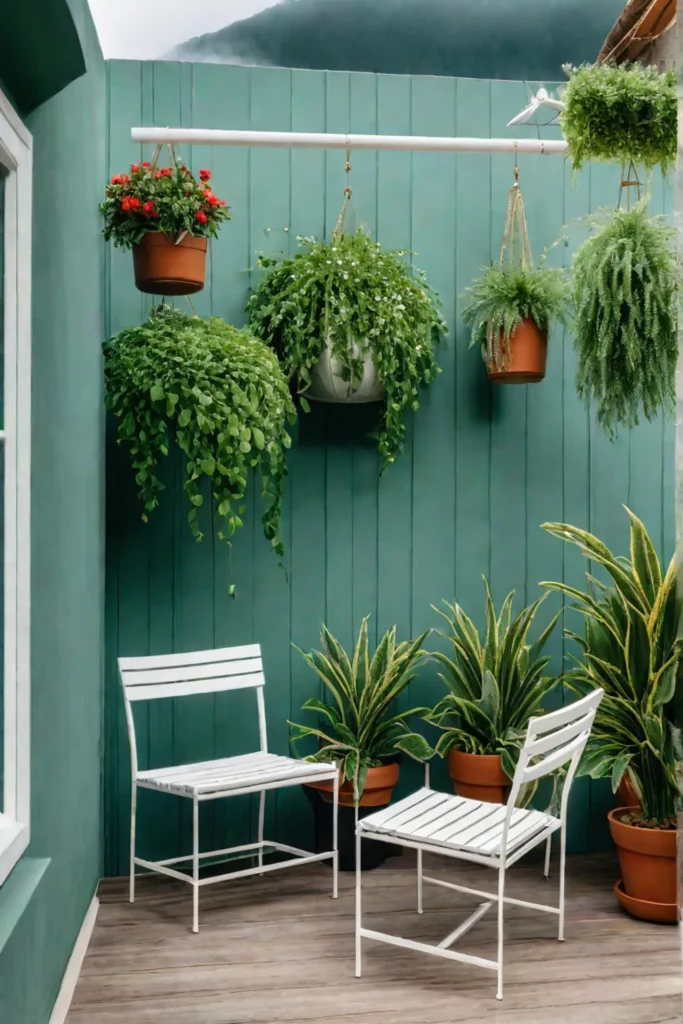 Small porch with soft green walls and white furniture