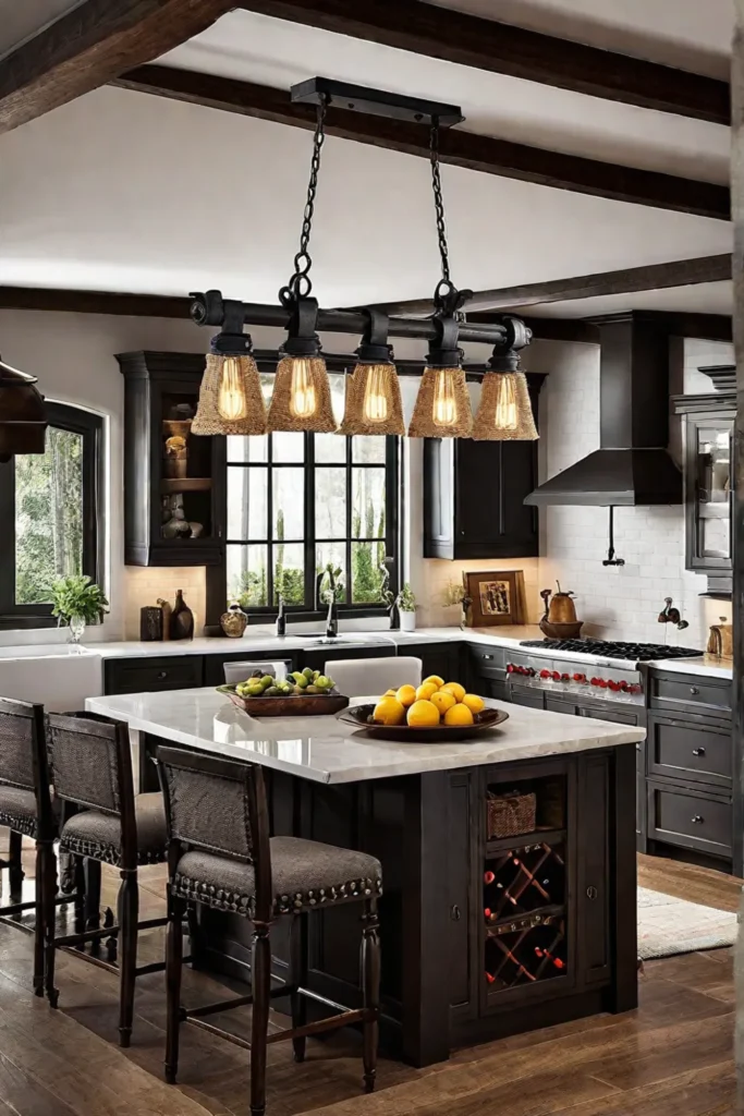 Vintage charm in a rustic kitchen with a chandelier