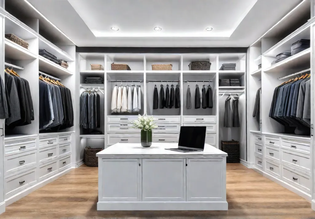 A beautifully organized walkin closet showcasing clever storage solutions like double hangingfeat