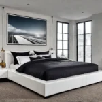 A serene minimalist bedroom with a platform bed featuring builtin drawers underneathfeat