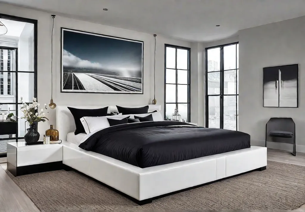 A serene minimalist bedroom with a platform bed featuring builtin drawers underneathfeat