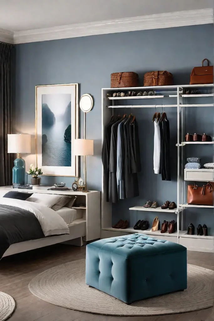 Bedroom with organized closet storage ottoman and wall hooks